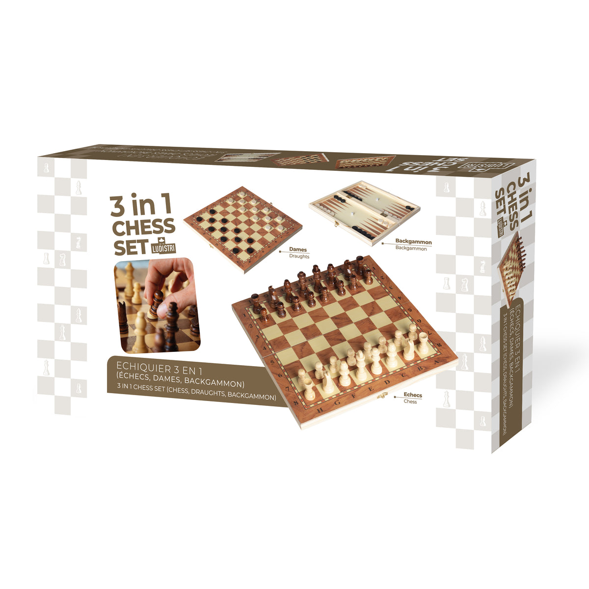 Echiquier 3 en 1 (échecs, dames, backgammon)