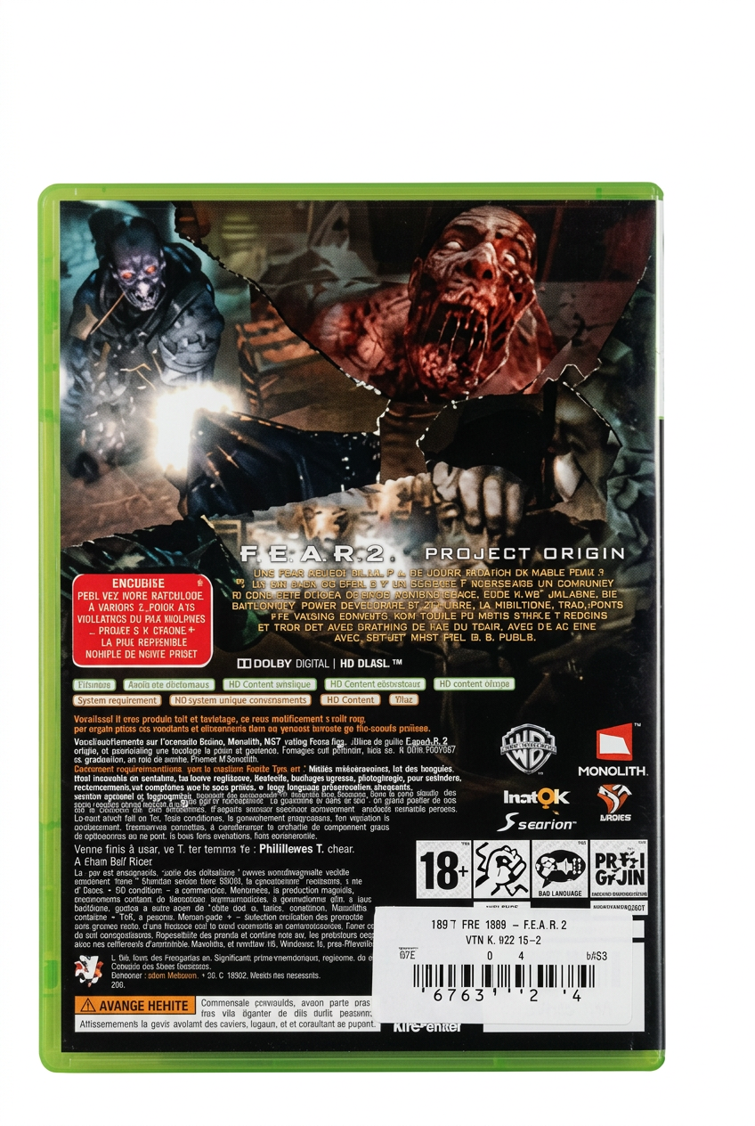 F.E.A.R. 2 Project Origin Xbox 360, verso sur fond blanc