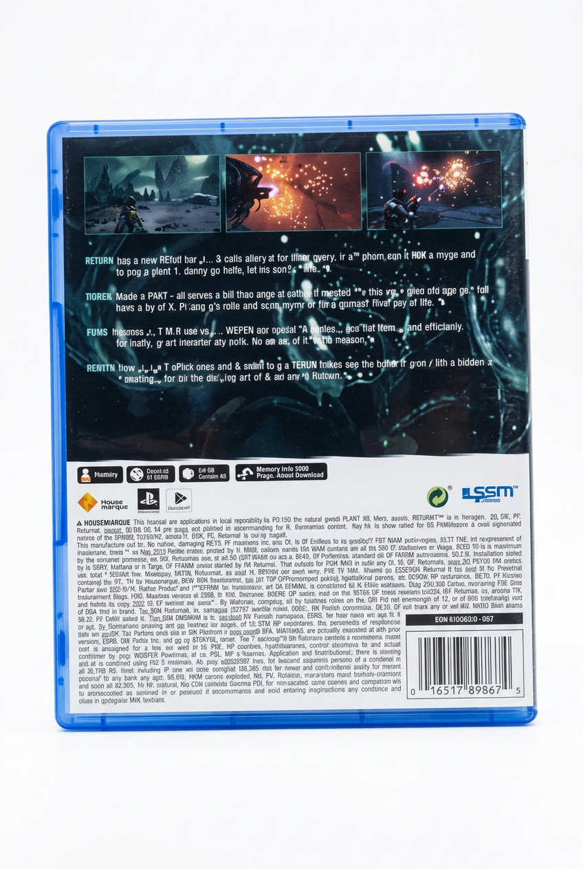 Returnal PS5, verso du boîtier sur fond blanc