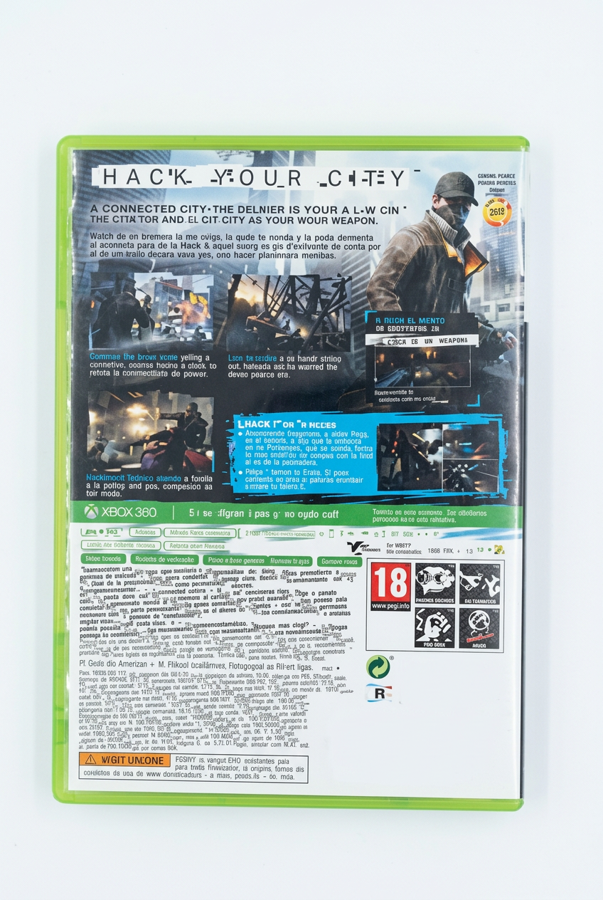 Watch Dogs Xbox 360, verso sur fond blanc sans étiquette de prix