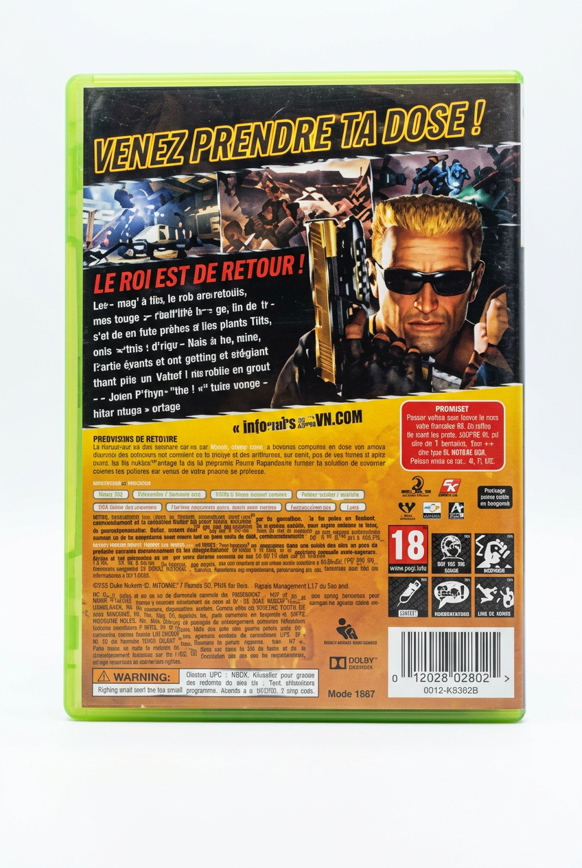 Duke Nukem Forever Xbox 360, verso sur fond blanc sans étiquette de prix