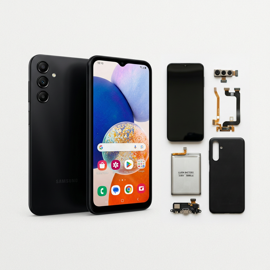 Samsung Galaxy A14 et ses pièces détachées sur fond clair